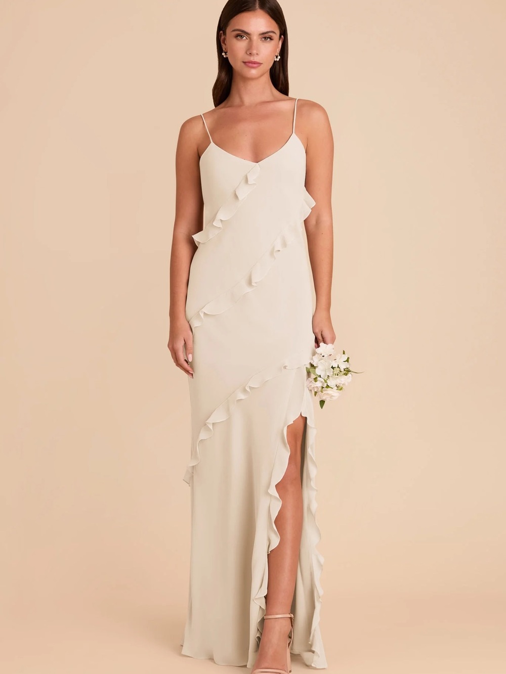 Birdy Grey Ivory Ruffle-Trim Spaghetti Strap Maxi Dress
